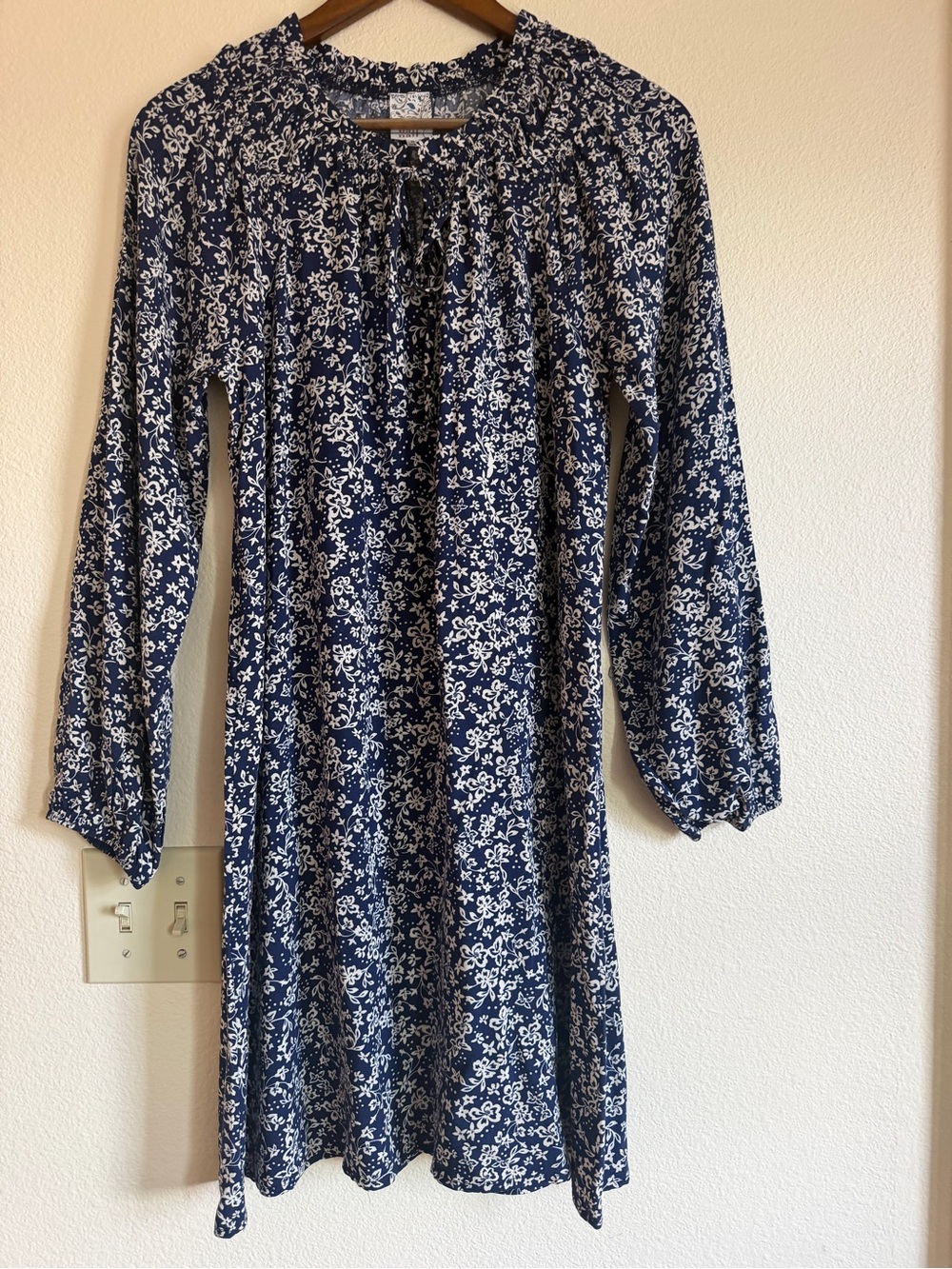 NAIF Navy and White Floral Long-Sleeve Ruffled Yoke Dress